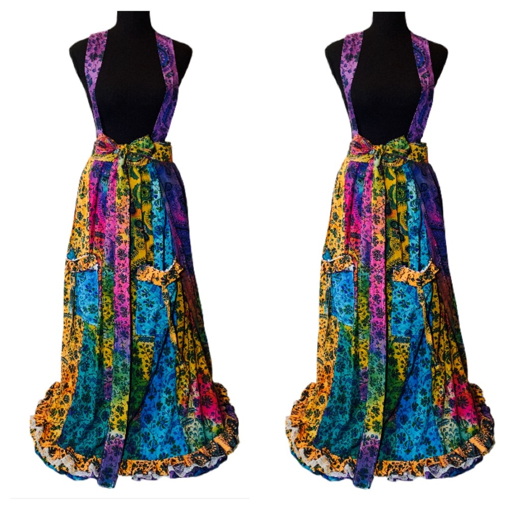 Rainbow Boho Maxi Wrap Skirt Handmade with Suspenders